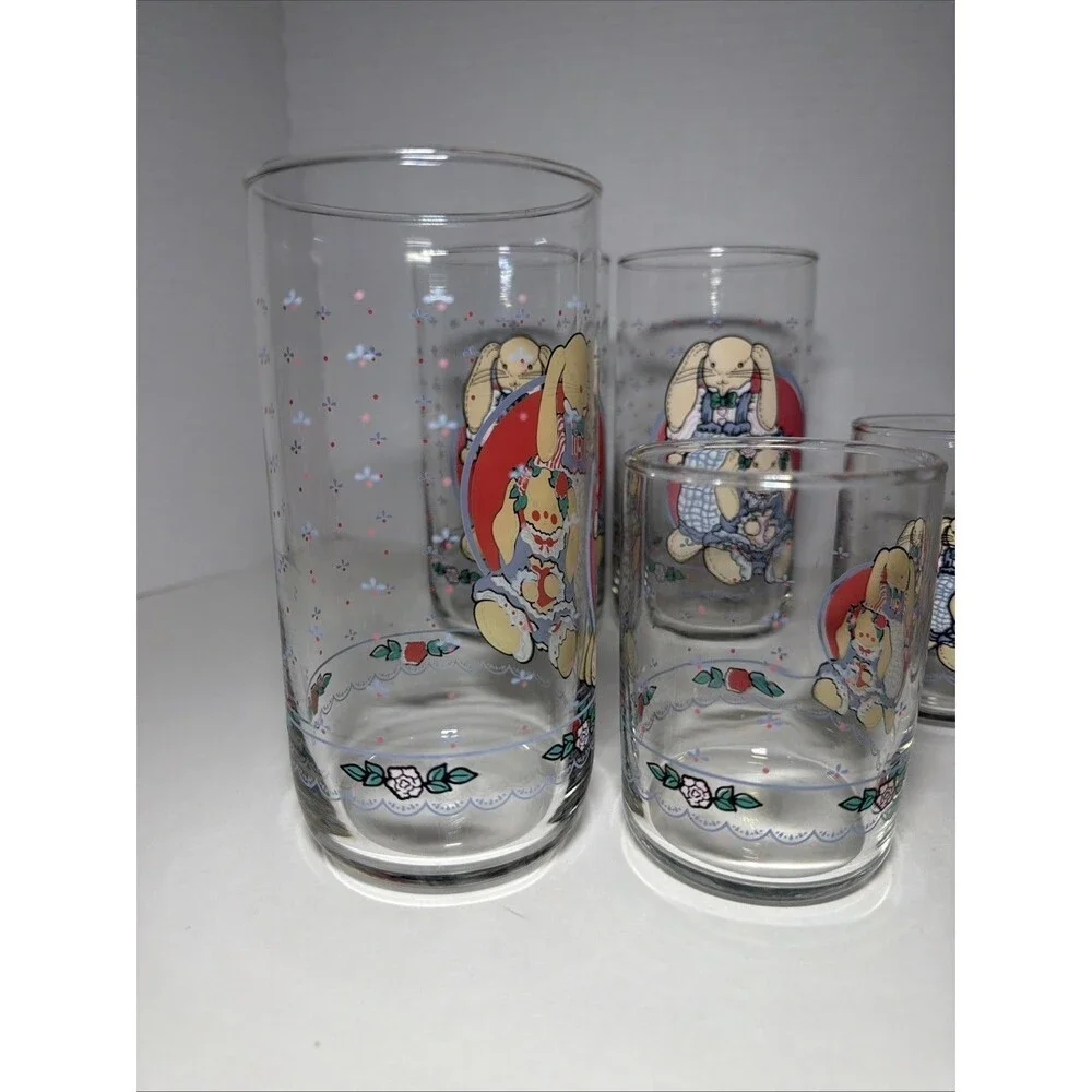 VTG‎ B&D Country Bunny Glass Tumblers Set of 7 - 1990s Cottagecore Rabbit Glass